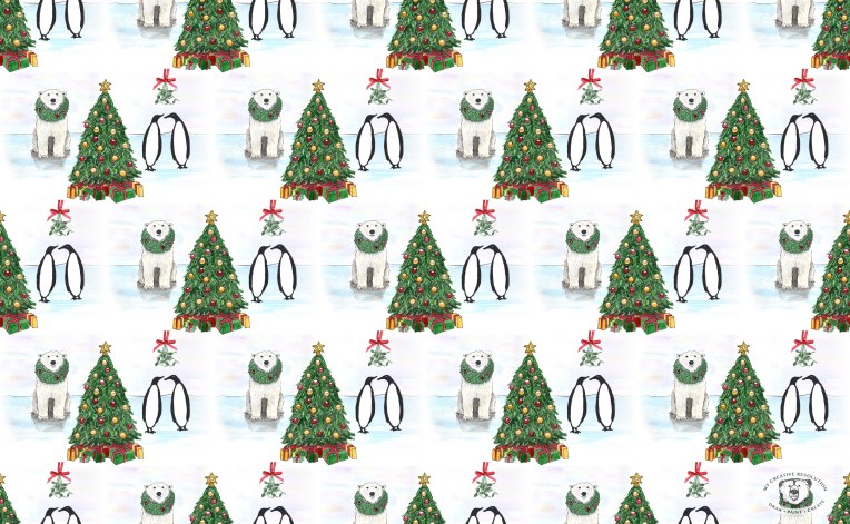 polar bear penguin Christmas pattern with Christmas trees, wreaths, and mistletoe