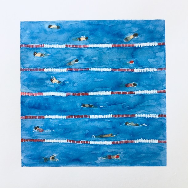 Swim meet warm ups. Painting swimming pools in watercolor.