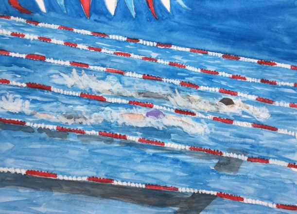 Watercolor Swim Race by Eileen McKenna.