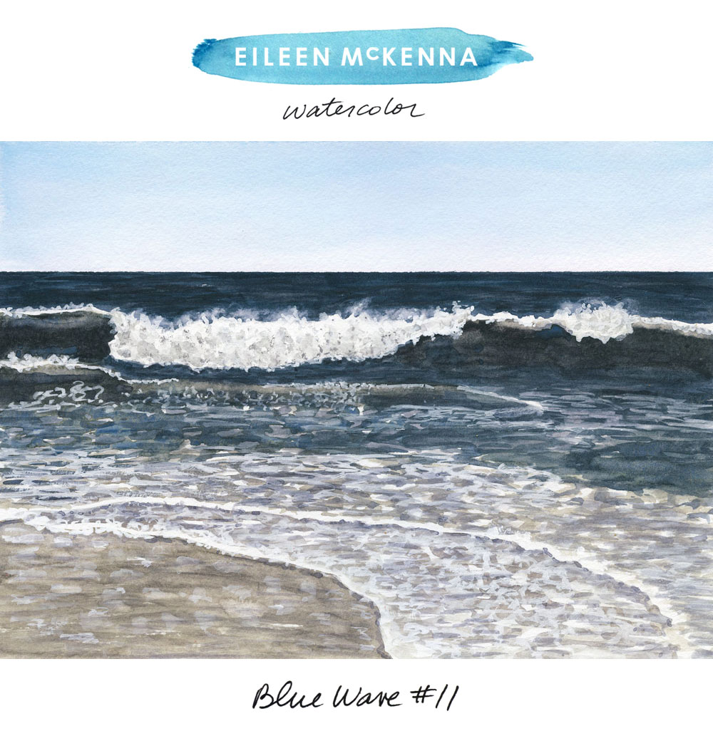 "Blue Wave #11" by Eileen McKenna. Watercolor ocean paintings available as art giclee prints. Beach | ocean | art | surf | waves