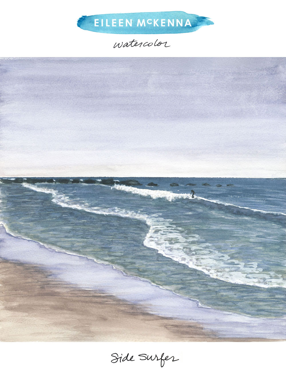 Side Surfer by Eileen McKenna. Watercolor painting available as limited edition giclee art prints | beach | surfing | surfer | waves