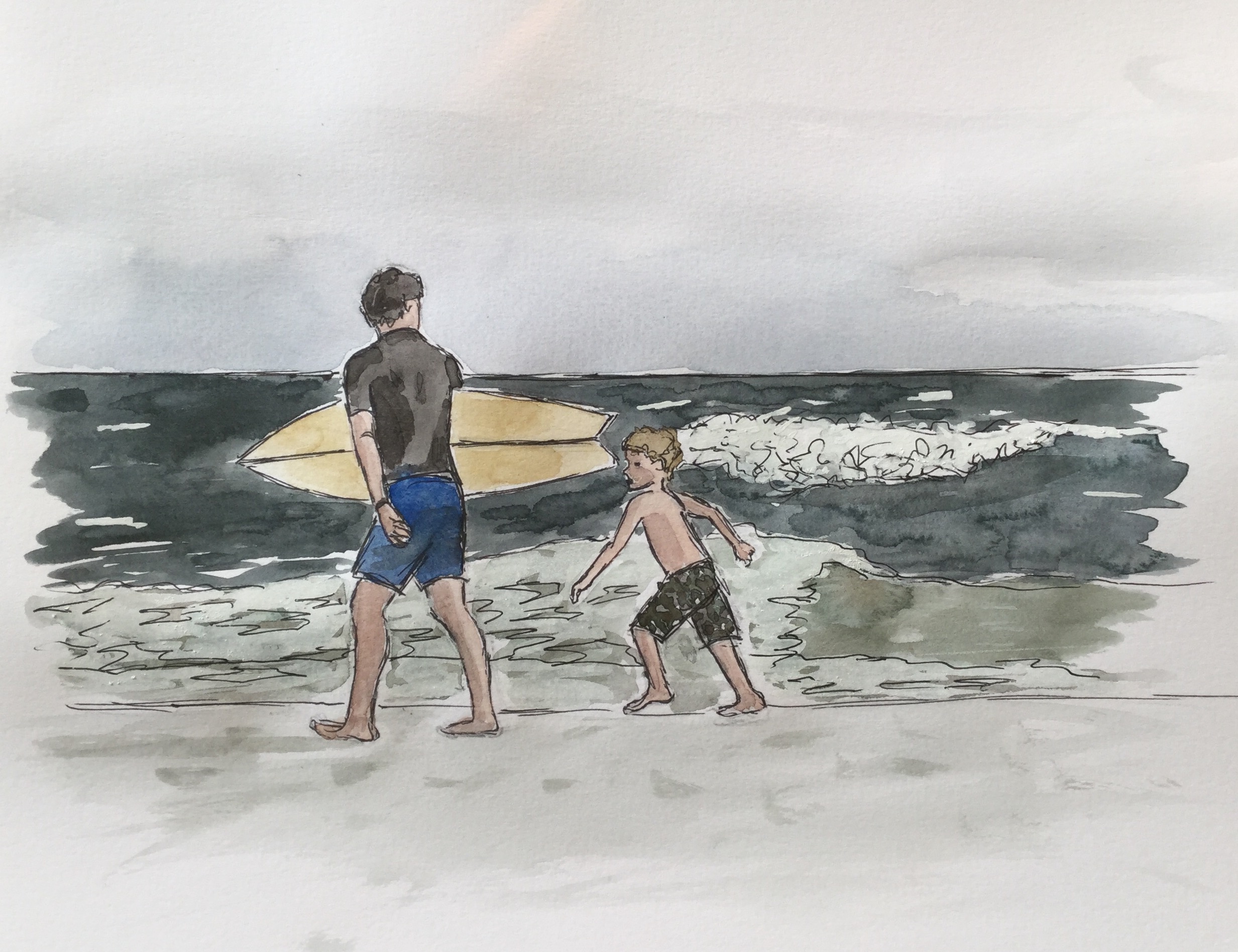 Surfer dad and son watercolor and ink sketch by Eileen McKenna | #inktober 