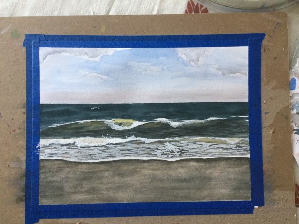 Stages of a watercolor ocean painting by Eileen McKenna