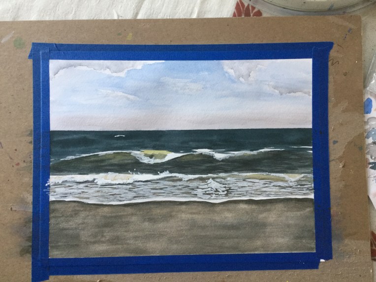 Stages of a watercolor ocean painting by Eileen McKenna