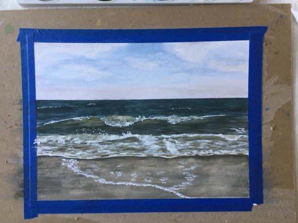 Stages of a watercolor ocean painting by Eileen McKenna