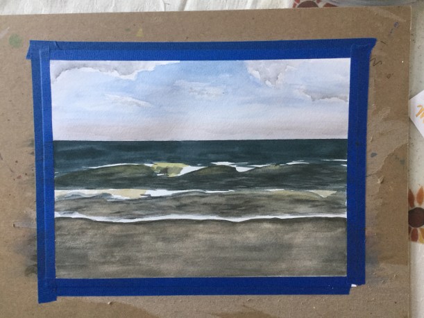 Stages of a watercolor ocean painting by Eileen McKenna