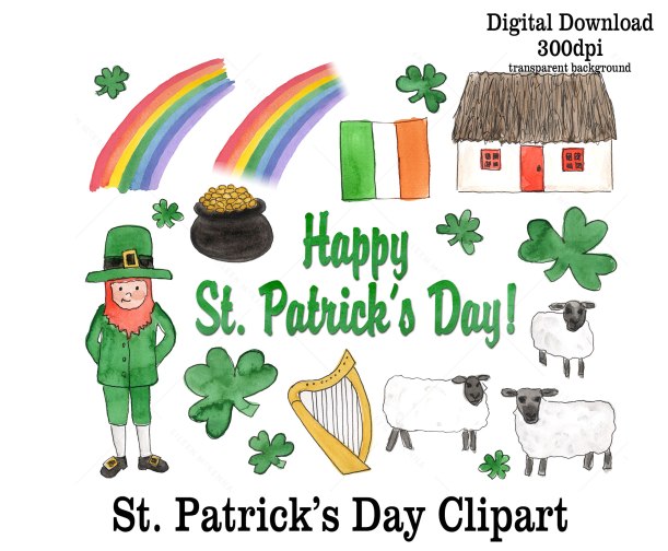 St. Patrick's Day Watercolor clipart | leprechauns pot of gold rainbow shamrocks
