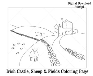 Printable Ireland castle sheep fields coloring sheet for St. Patrick's Day