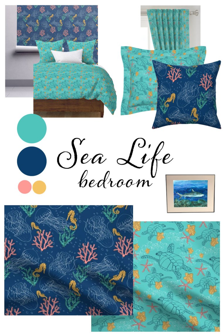 Sea Life Bedroom | Kid Ocean Bedroom ideas fabrics color palette