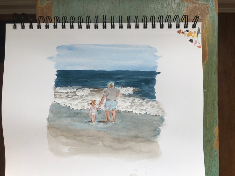 Grandpa and little girl holding hands by the ocean watercolor painting