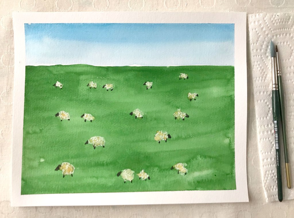 St. Patrick's Day painting project - paint an Irish landscape with sheep in watercolor. Beginner friendly.